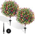 27.5" Artificial Flowers Boxwood Topiary Ball Tree Set of 2, UV Resistant Fake Bushes Shrubs with Ground Spike, Faux Evergreen Tree for Front Porch Outdoor Garden Decor