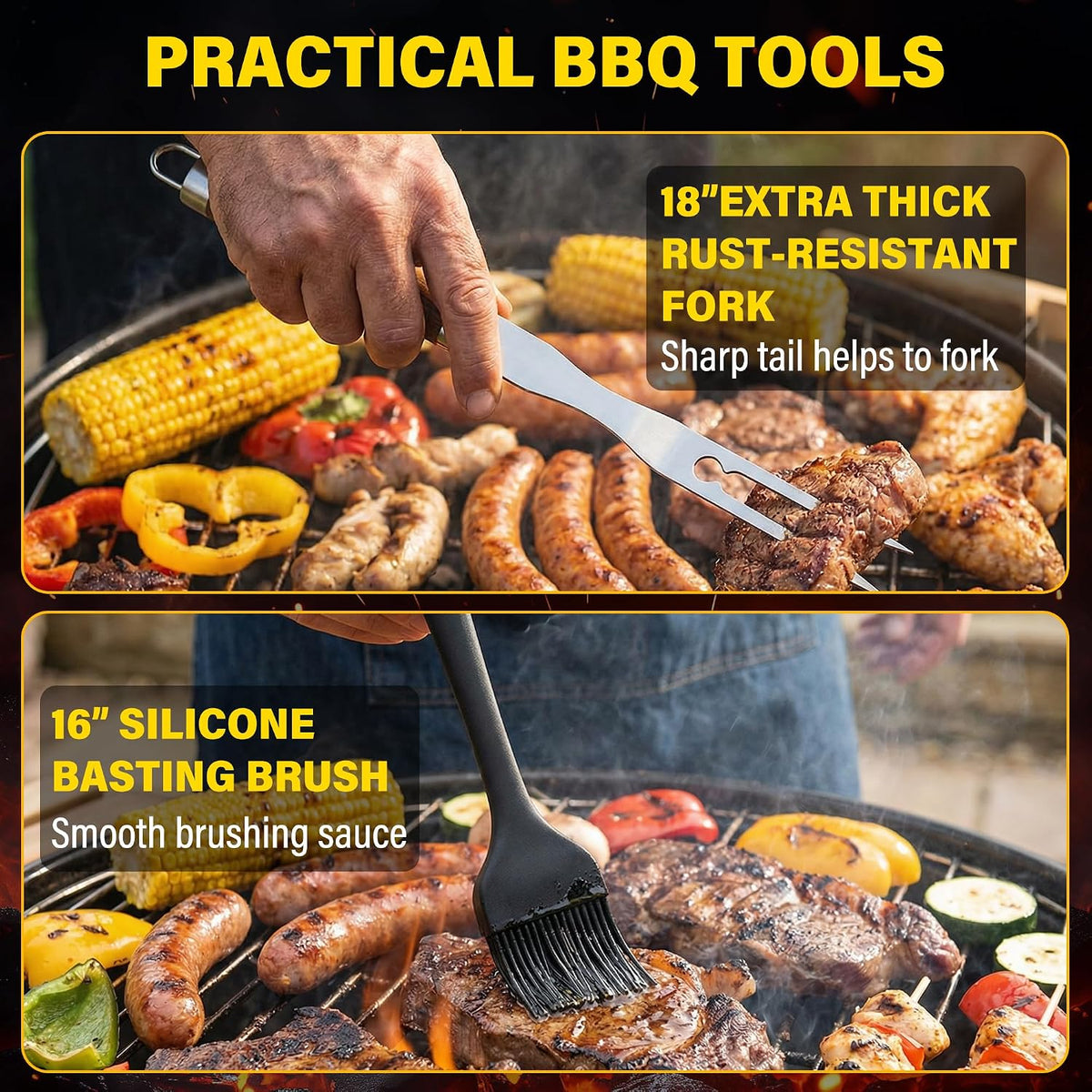 Grill Set, Grill Tools for Outdoor Grill Utensils Set BBQ Accessories | Grilling Tools Set, Spatula, Fork, Brush, Tongs & Cleaning Brush, Gifts for Men Dad Him (Wood)