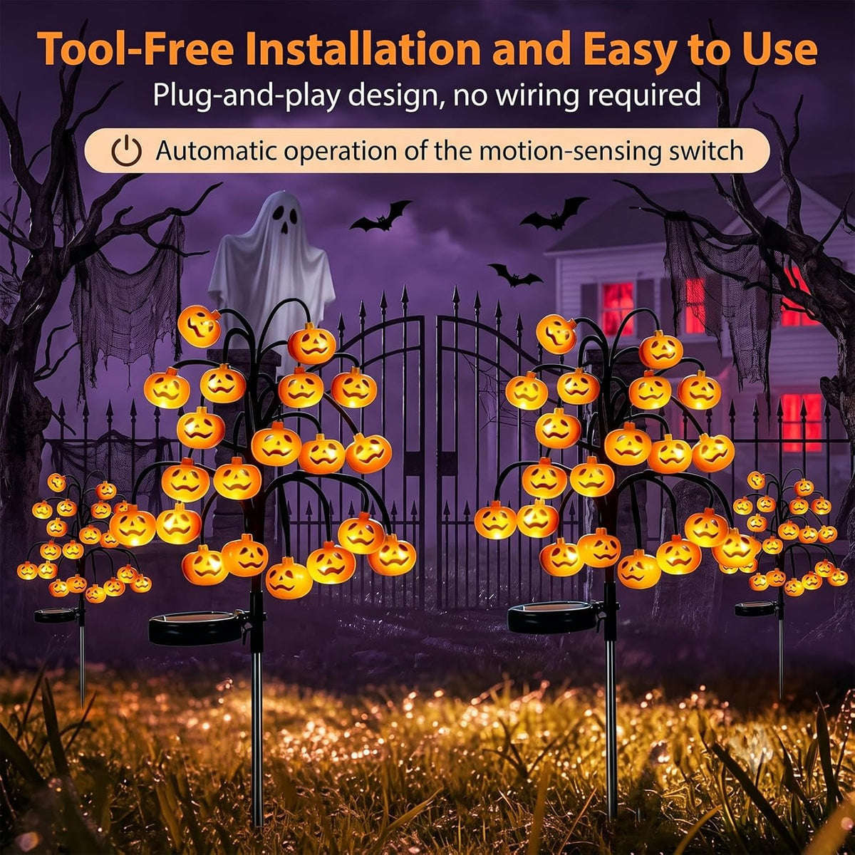 2PCS Solar Pumpkin Stake Pathway Lights, IP65 Waterproof Halloween Outdoor Decor with Steady On & Flash Lighting Modes，Solar-Powered Decor for Garden Yard Lawn Halloween Party (Yellow Pumpkin)