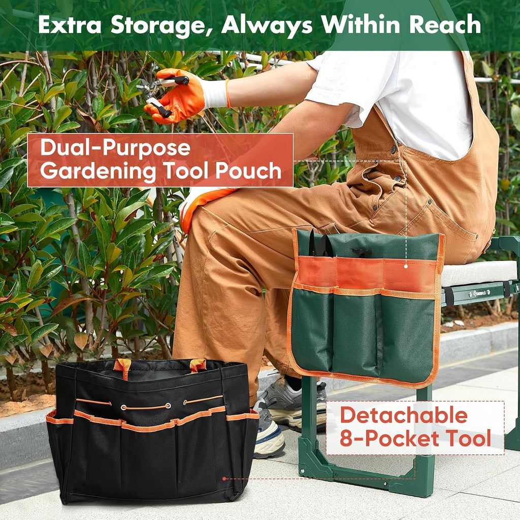 SakerPlus Garden Kneeler and Seat, Heavy Duty Foldable Garden Stool | 10-inch thickened pad, 400 lb support, extendable legs and 8-pocket tool bag for gardening, weeding and seniors
