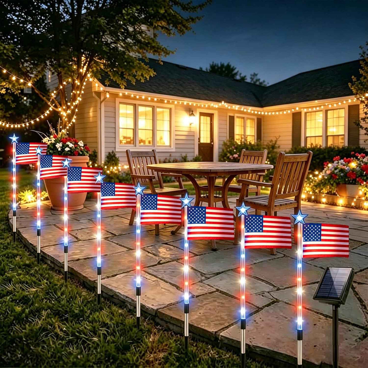 8 Pack Solar American Flag Pathway Lights - Patriotic Red White Blue Outdoor Stake Waterproof LED Lights with 8 Modes, Decorations 4th of July Memorial Day & Independence Day Yard Garden (Style A)
