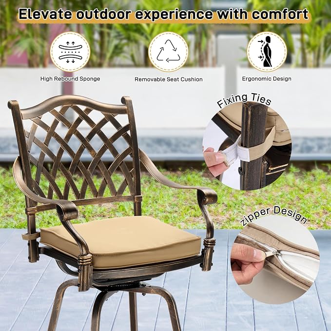 VINGLI Outdoor Swivel Bar Stools Set of 2, Cast Aluminum Patio Bar Height Chair - Image 7