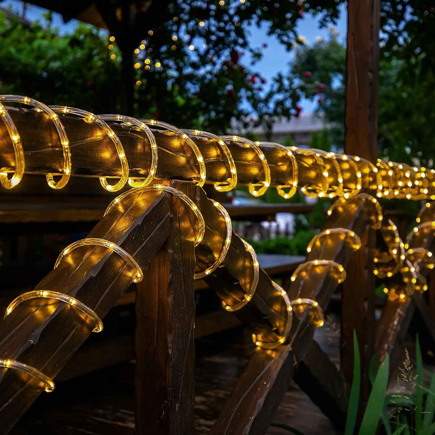 Solar Rope Lights, 66ft 200LED Solar String Lights, 8 Modes, Waterproof | Solar Outdoor Light, Flexible Clear Trampoline Light for Garden Backyard Patio Deck Porch Pool Tree Decorations - Warm White