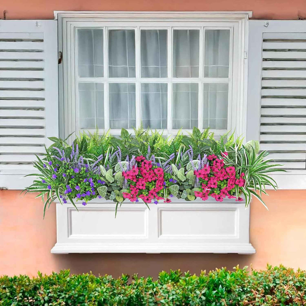 20 Bundles Artificial Plants Outdoor Fake Flowers Faux Greenery Stems | DEMIUKO UV Resistant Fake Ferns Shrubs Plastic Plants for Garden Patio Porch Yard Window Box Home Decor