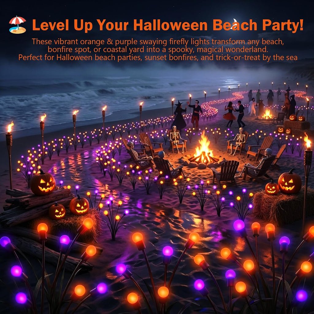 Halloween Firefly Solar Lights 2 Pack 6 LED Orange Purple | Swaying Pathway Lights IP65 Waterproof Auto Dusk to Dawn Outdoor Landscape Lights for Yard Patio Lawn Party Decor