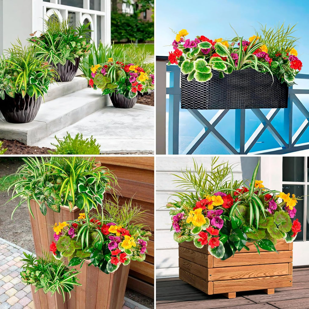 Artificial Plants Outdoor Greenery Stems, 14PCS Faux Greenery Bushes UV Resistant Plastic Shrubs with Real Touch Flexible Leaves, Fake Plants for Planter Garden Patio Porch Window Box Fence Yard Decor