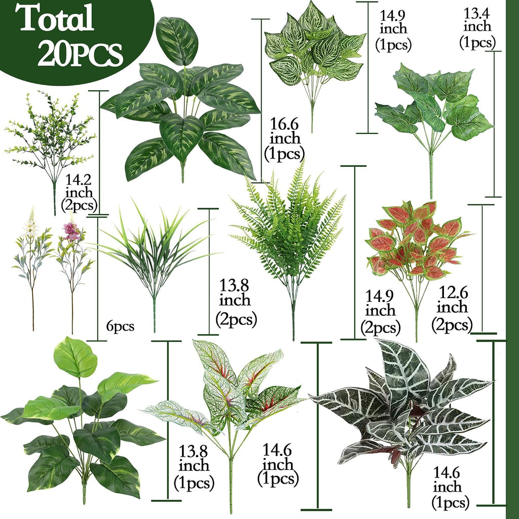 20Pcs Artificial Plants Outdoor Fake Greenery & Flowers Faux Plastic Bushes Leaves UV Resistant for Outdoor Planters Porch Garden Patio Front Porch Window Box Farmhouse Wedding Decor