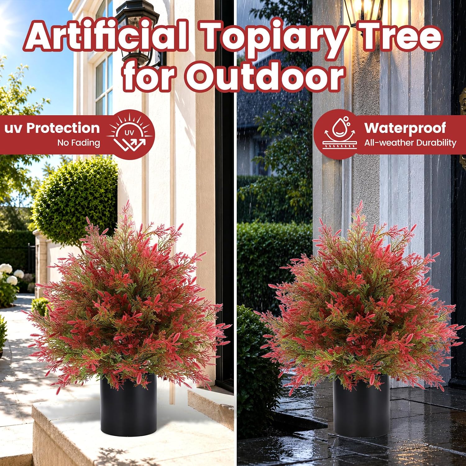 2 Set Artificial Potted Topiary Trees Cedar - UV Resistant Faux Outdoor Potted Plants, Spring Summer Greenery Fake Bushes for Front Door Farmhouse Garden Porch Outdoor Decor