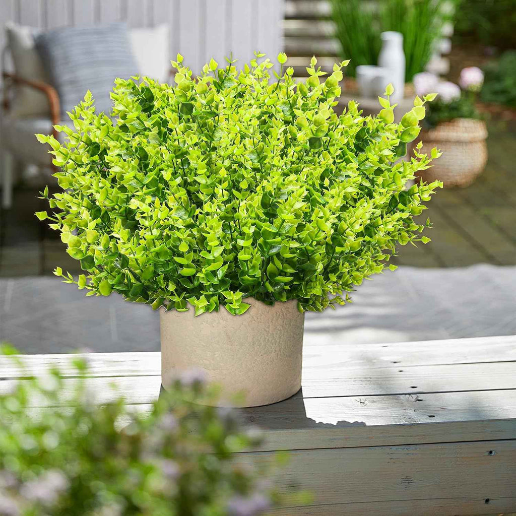20 Pack UV Resistant Outdoor Artificial Flowers - Eucalyptus Plastic Flowers and Simulated Plants for Hanging Planters, Porches, Gardens - Weather and Fade Resistant (Greener)