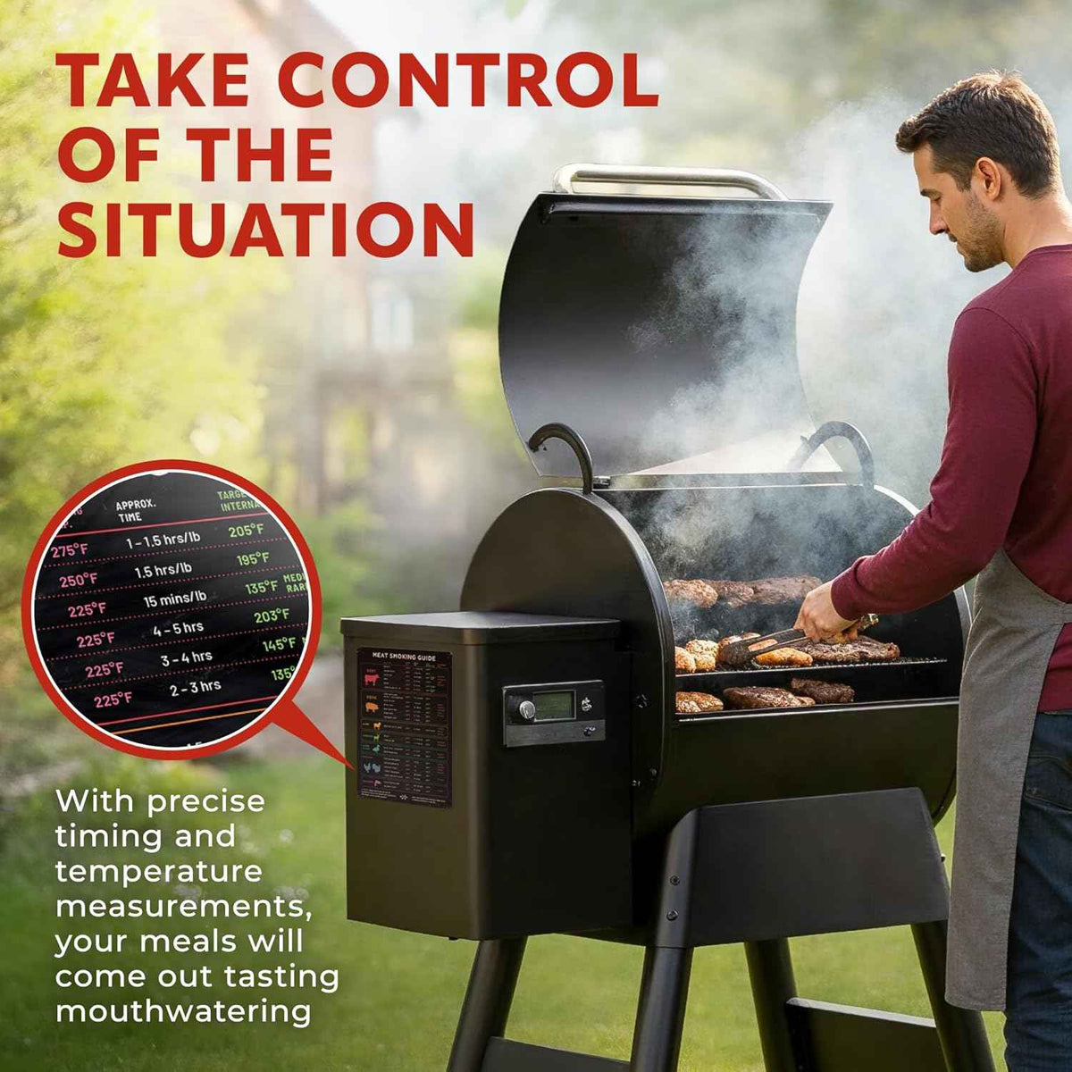 Meat Temperature & BBQ Smoker Guide Magnet - Wood, Time & Temp Chart | Grill it right every time - doneness for beef, poultry, pork & fish, a smoker accessory & gift for grill dads