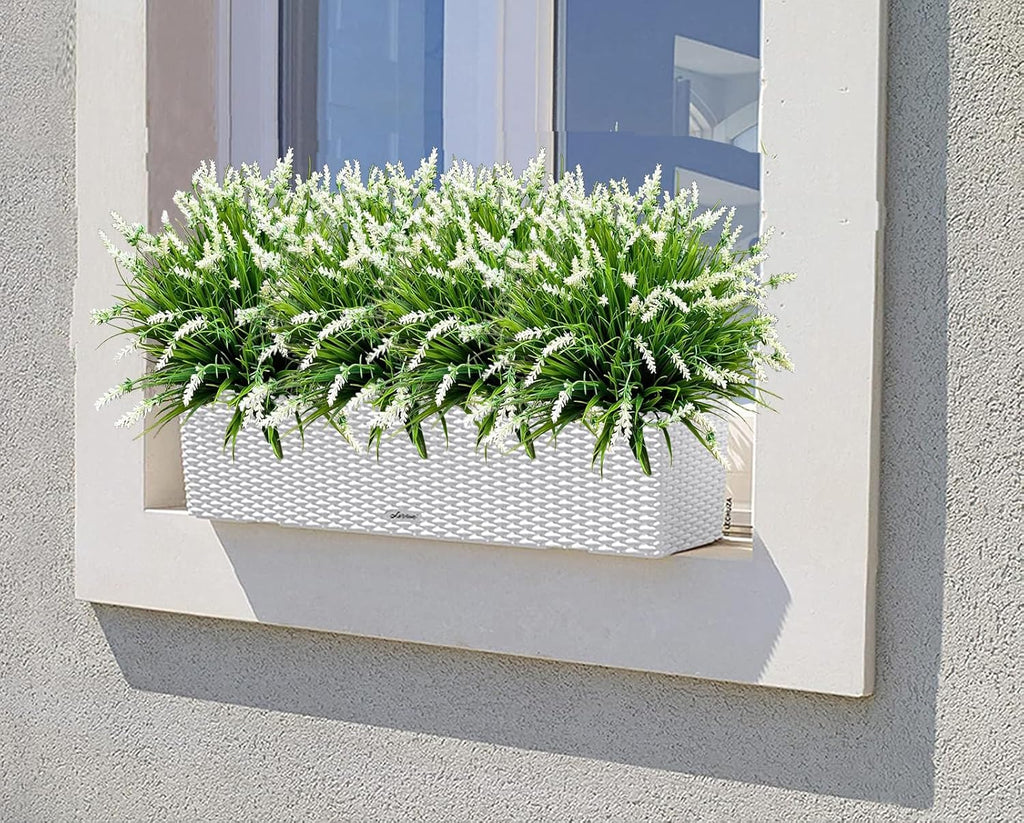Artificial Faux Plants Flowers for Outdoor Decorations,Faux Plastic Fake Monkey Grass Greenery for Spring Summer UV Resistant Realistic Artificial Shrubs for Courtyard Window Garden(B-White, 12 PCS)