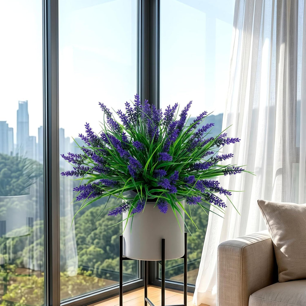 12Pcs Artificial Fake Flowers Monkey Grass for Outdoors, UV Resistant Realistic No Fade Faux Greenery Plants with Purple Flowers for Planter Home Garden Porch Patio Window Box