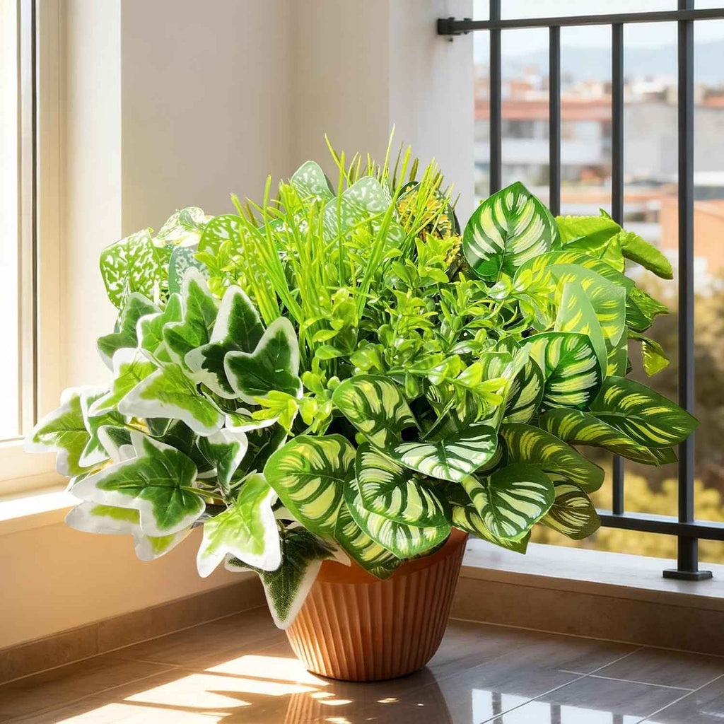Artificial Plants Outdoor Greenery Fake Plants, 10 Bundles | Large Bunches Faux Plants with Stems and Plastic Leaves, Outdoor Bushes for Patio Front Porch Yard Garden Decor)