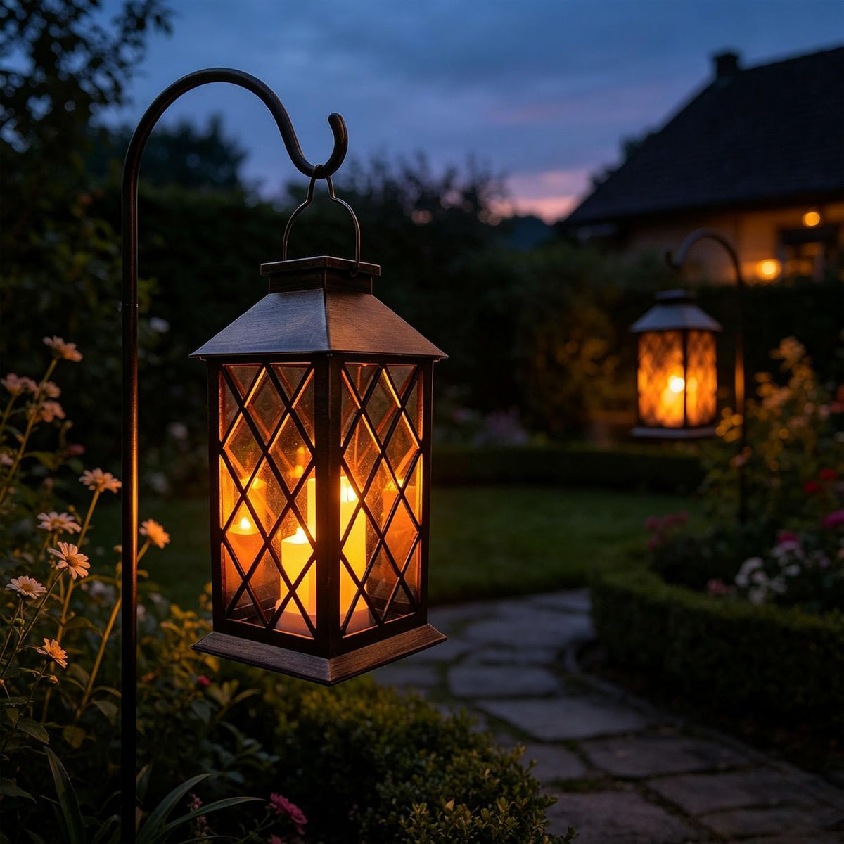 Solar Outdoor Lantern, Garden Hanging Waterproof Lanterns PVC Upgrade 3 LED Flickering Flameless Candle Decorative for Garden Women Mom Grandma Halloween Gifts (Grid Candle)