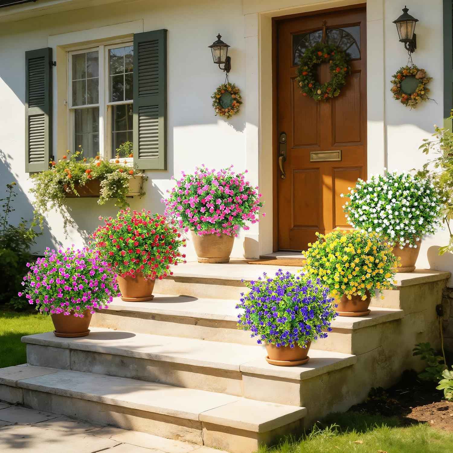 Roberly 24 Bundles Artificial Flowers for Outdoors Fake Plants, Mixed | Faux flowers, eucalyptus plants, plastic greenery shrub, UV resistant, window box garden porch farmhouse decorations