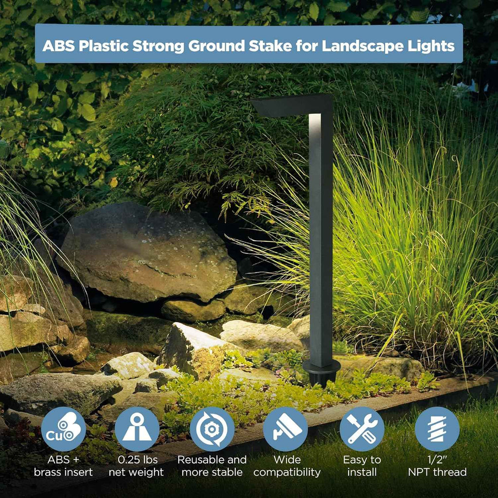 Gardencoin ABS Ground Spikes Stakes Replacement with Brass Insert, 1/2" NPT Thread Side Wire Way, Larger Size 9.44'' x 2.95'' for Landscape Path Lighting, Spotlight, Floodlight (10 Pack)