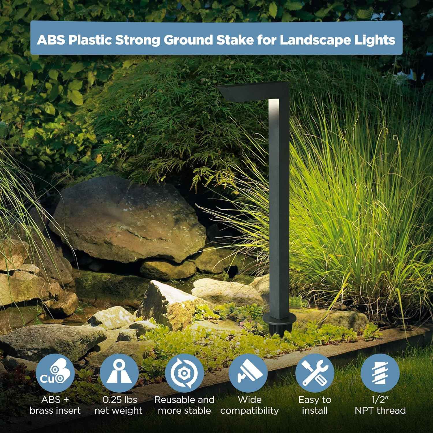 Gardencoin ABS Ground Spikes Stakes Replacement with Brass Insert, 1/2" NPT Thread Side Wire Way, Larger Size 9.44'' x 2.95'' for Landscape Path Lighting, Spotlight, Floodlight (10 Pack)