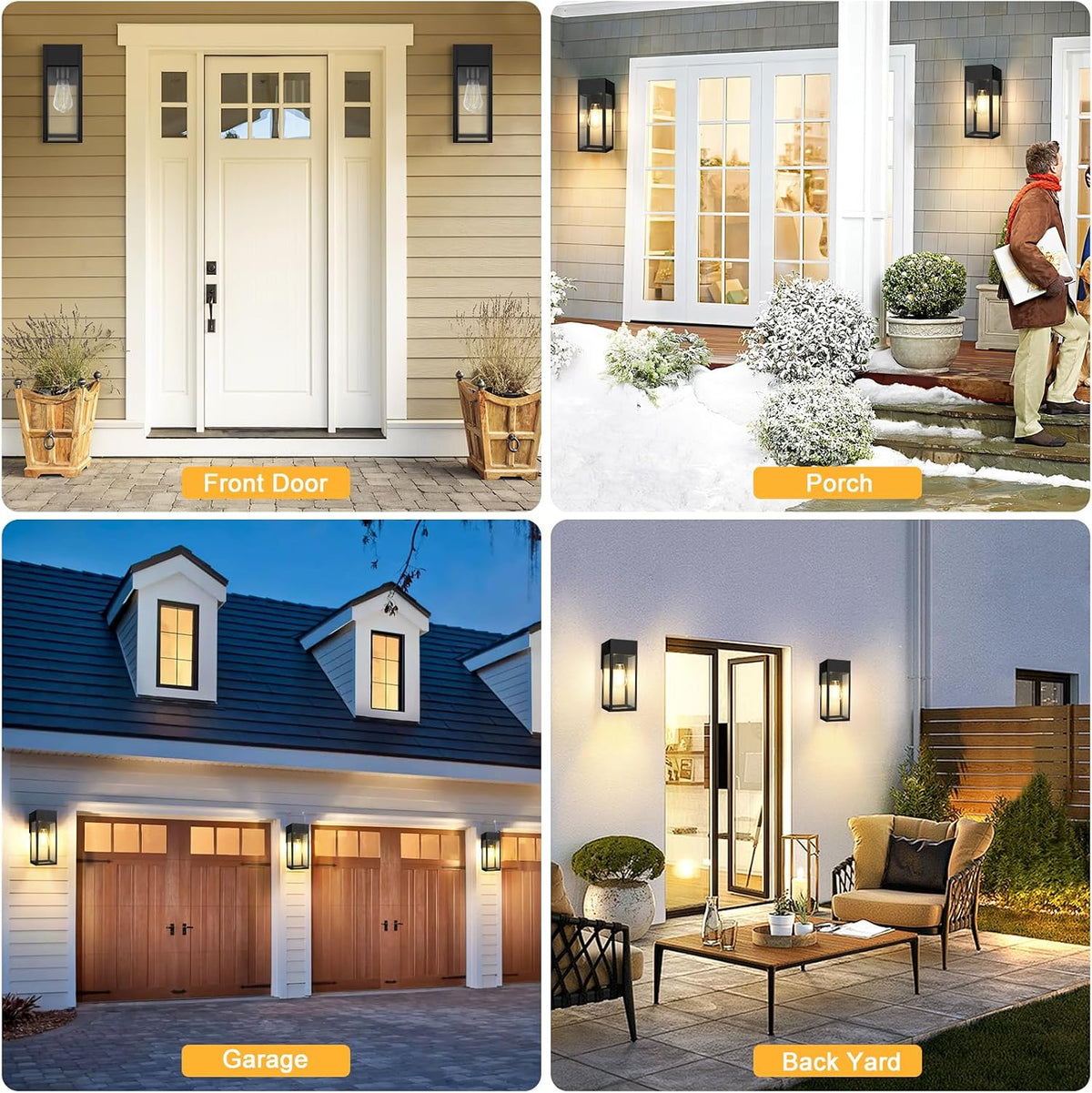 Porch Lights with GFCI Outlet, Outdoor Wall Light Fixtures 2-Pack | Anti-Rust, Waterproof, Tempered Glass, Easy Installation, E26 Socket, Exterior Lighting Sconces for House Garage, Black