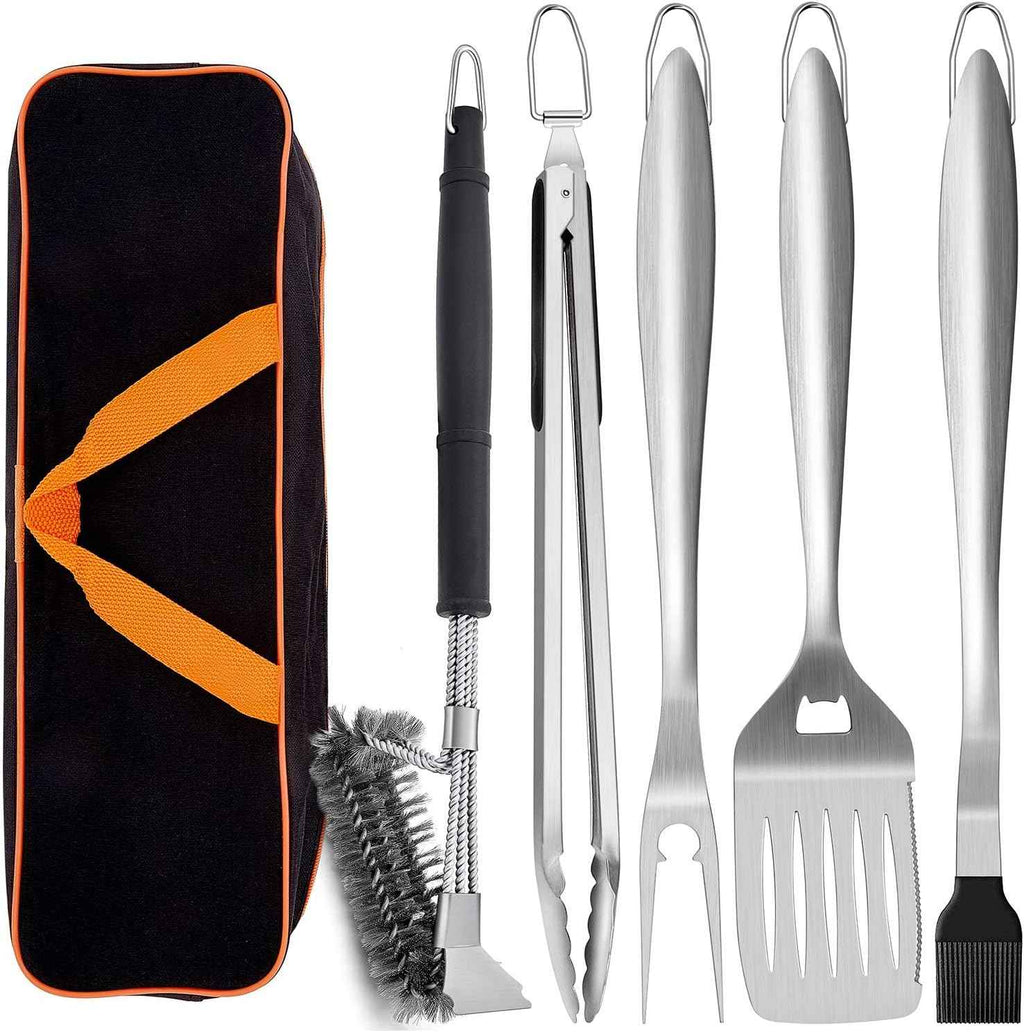 Leonyo Metal Barbecue Grilling Tools for Outdoor Grill Set of 6 | Stainless Steel 18IN Long Grilling Tools Grilling Accessories with Spatula Tongs Fork Basting/Cleaning Brushs