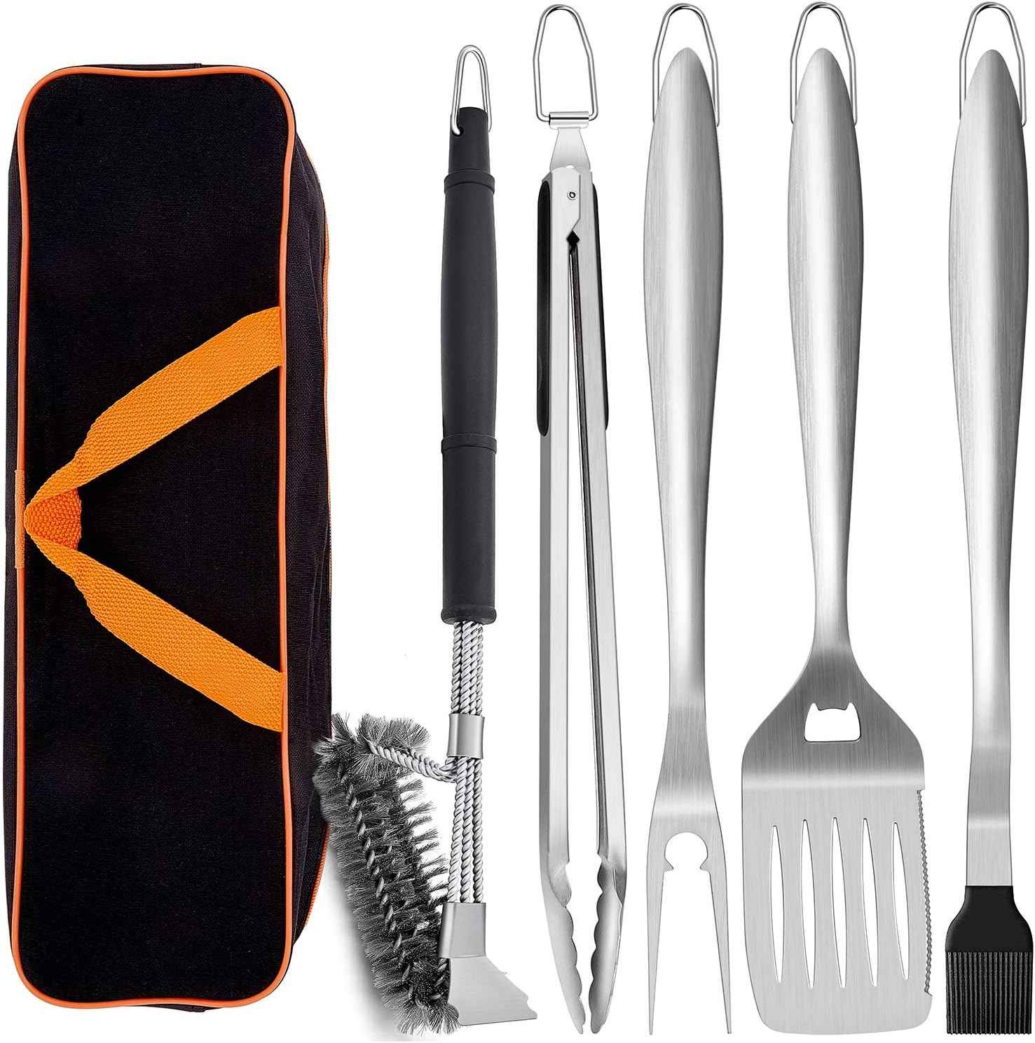 Leonyo Metal Barbecue Grilling Tools for Outdoor Grill Set of 6 | Stainless Steel 18IN Long Grilling Tools Grilling Accessories with Spatula Tongs Fork Basting/Cleaning Brushs