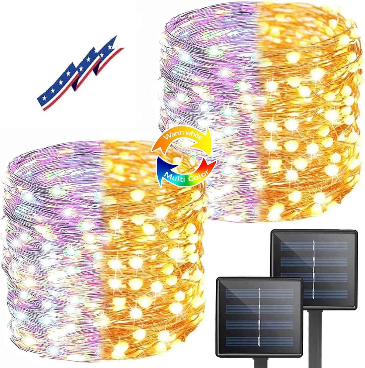 Solar Christmas String Lights Outdoor 2Pack 200LED, Warm White ⇋ Multicolor | Fairy Lights Waterproof, 8 Modes, Memory, Auto On/Off, Copper Wire Twinkle Lights for Outside Garden Tree Christmas Decor