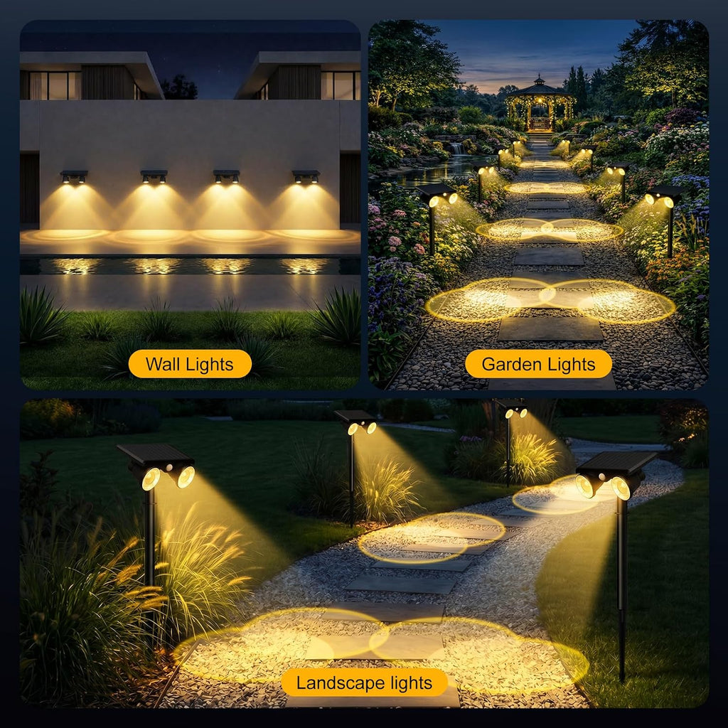 Solar Lights Outdoor Waterproof, Dual Heads Adjustable Solar Spot Lights Outdoor, 2-in-1 Motion Sensor Solar Powered Spotlight Landscape Lighting for Garden, Yard, Pathway- 2 Pack (Warm Light)