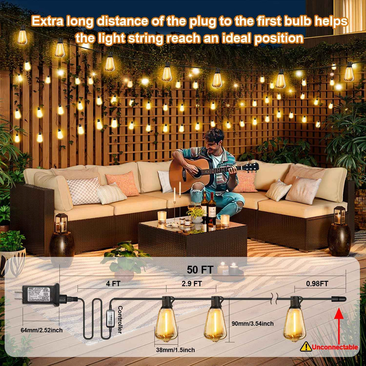 50ft-LED-Lights-Outdoor-Waterproof-String Lights-Patio-Outside-Porch-Backyard-Garden-Gazebo-Yard-Deck-Balcony-Party-Camping-House-Hanging-Lighting-Bulb-Remote-Bluetooth-Hanging-Edison-ST38