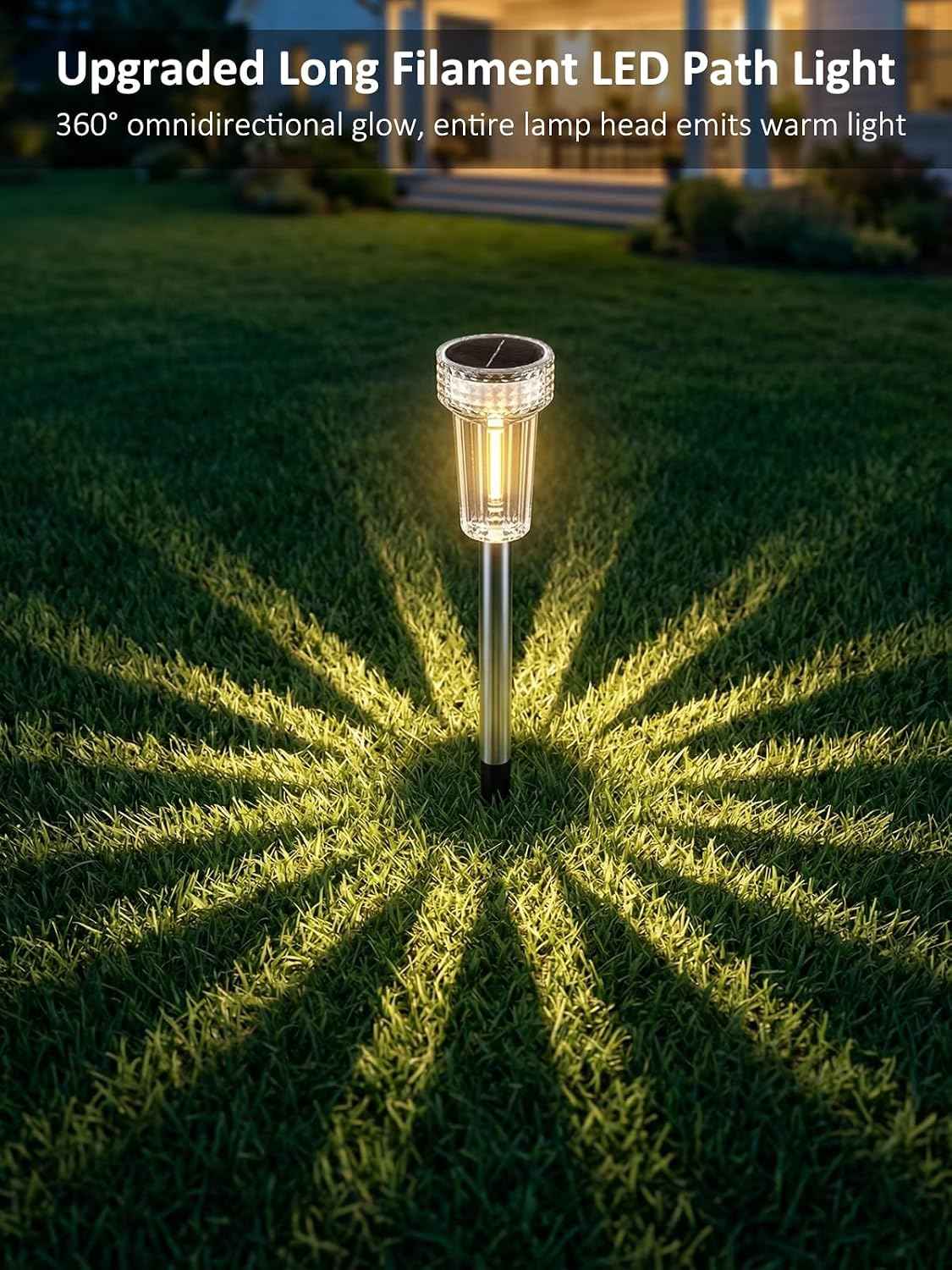 DERAYSION 12 Pack Solar Pathway Lights Outdoor, Solar Powered Garden Lights Auto On/Off, Waterproof Stainless Steel Pole Landscape Lighting for Path, Yard, Walkway, Driveway Decor - Warm White