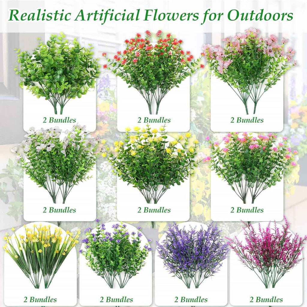 20 Bundles Artificial Spring Summer Flowers Bulk for Outdoors, UV Resistant | Silk Fake Wildflowers and Plastic Faux Lavender Plants for Outside Garden Patio Porch Window Box Hanging Basket Decor