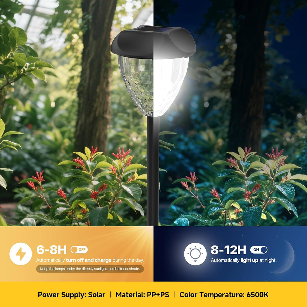 Ensenior Solar Pathway Lights Outdoor 8 Pack, 6500K LED Garden Yard Lights | IP65 waterproof landscape lighting, tool-free auto ON/OFF, yard, patio, walkway & planter, 14.17" height