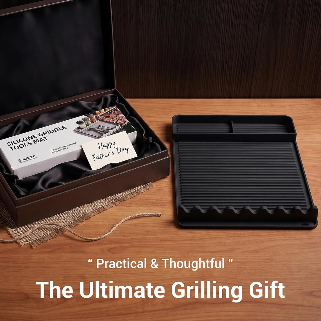 Silicone Grill Mat for Blackstone Griddles & Outdoor Grills - Heat Resistant (450°F) Countertop Protector, Non-Slip Tool Organizer & Grease Catcher, 16x11.5 Inch(Black)