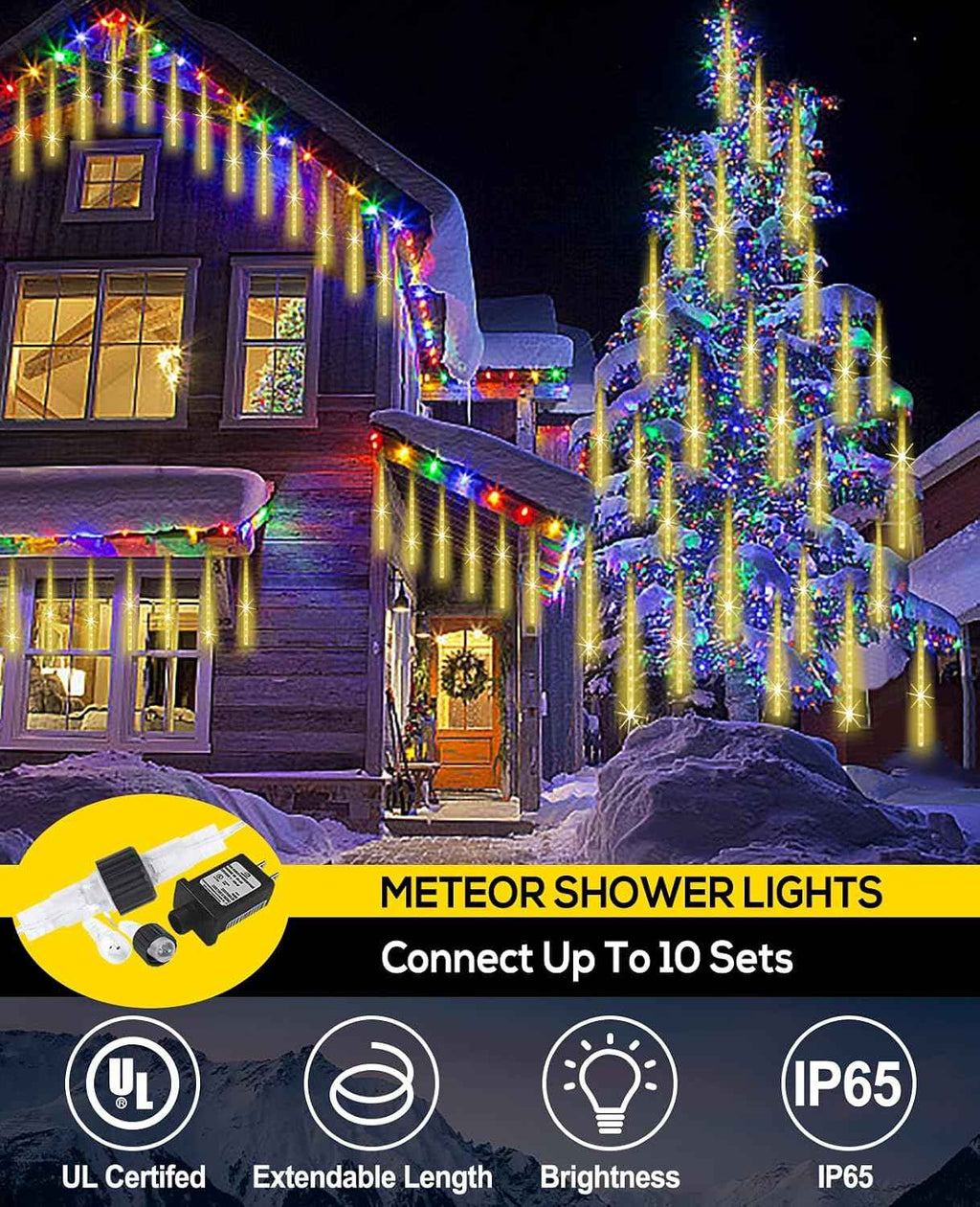 EAGWELL Christmas Falling Rain Lights Outdoor 12" 10 Tubes, Warm White | 240 LEDs Meteor Shower Lights Rain Drop Light Snowfall Icicle Cascading String Lighting for Xmas Holiday Tree Garden Decor