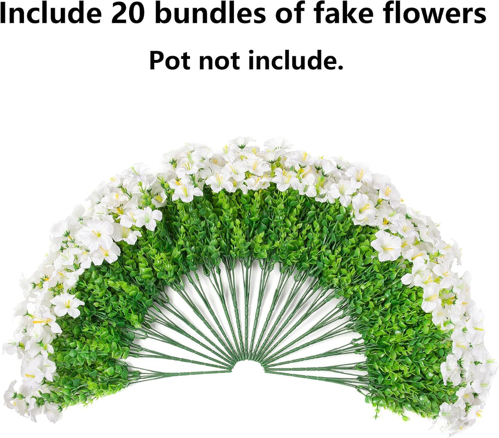 20 Bundles Faux Morning Glory Artificial Flowers for Outdoors, White | Fake Plants Silk Flowers, Eucalyptus, Look Real, UV Resistant, Outside Yard Gardens Porch Patio Planter Home Urn