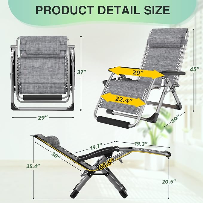 Suteck Oversized Zero Gravity Chair, 29In XL Outdoor Recliner Chair w/Removable - Image 2
