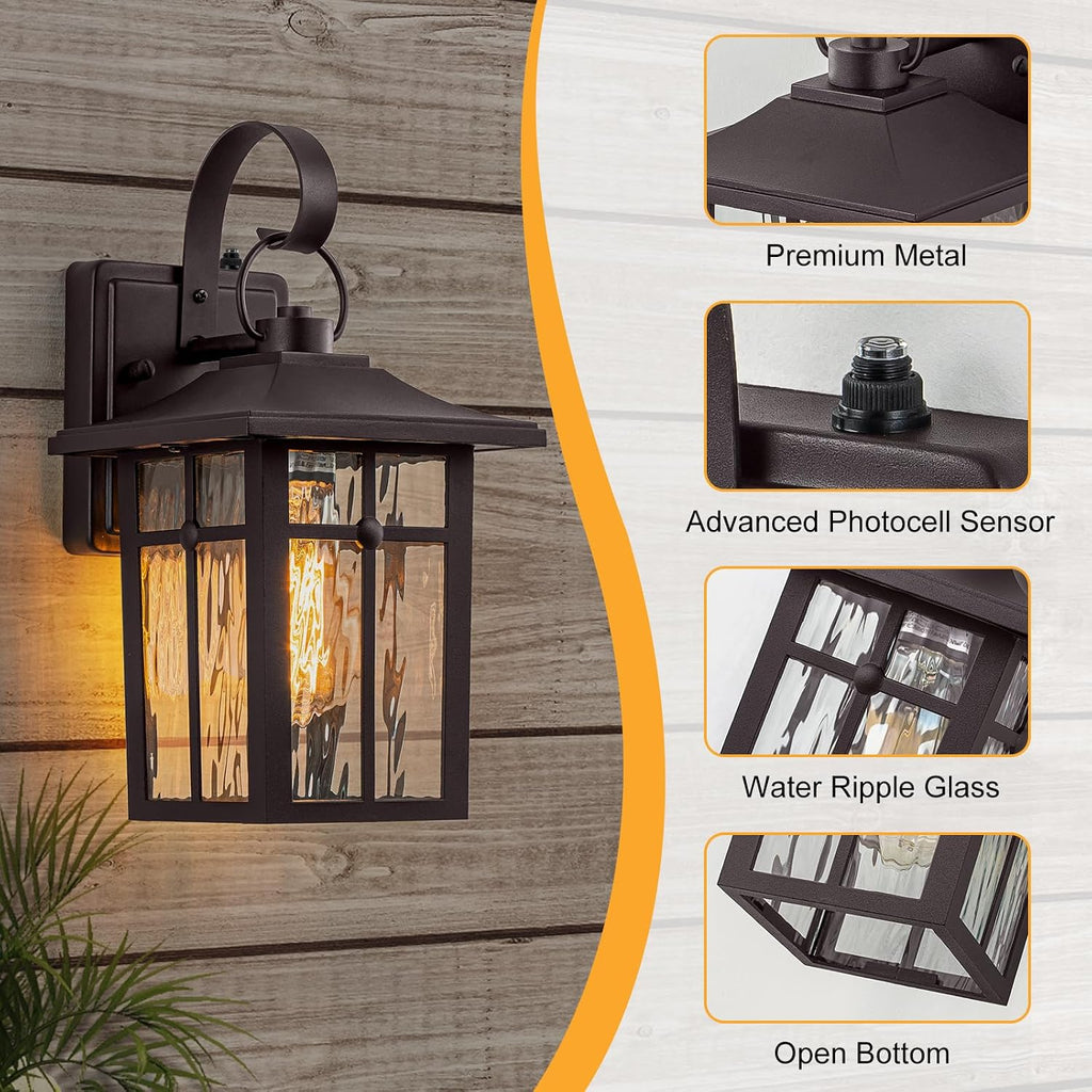 2 Pack Dusk to Dawn Outdoor Wall Lights, Brown Porch Lanterns | Aluminum Garage Light, Ripple Glass, Weather Resistant, For Garage Patio Entryway