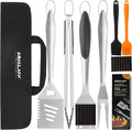 grilljoy 8PCS BBQ Grill Tools Set with Extra Thick Stainless Steel Spatula, Fork, Tongs & Cleaning Brush - Complete Barbecue Accessories Kit with Portable Bag - Perfect Grill Gifts for Father's Day