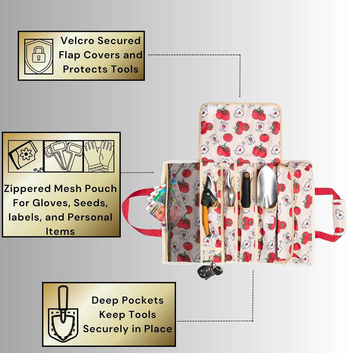 OGRE Roll-Up Garden Tool Bag Only, Heavy-Duty Organizer with 6 Pockets | 900D polyester, water resistant, lays flat, hangs vertically, compact storage, reinforced stitching
