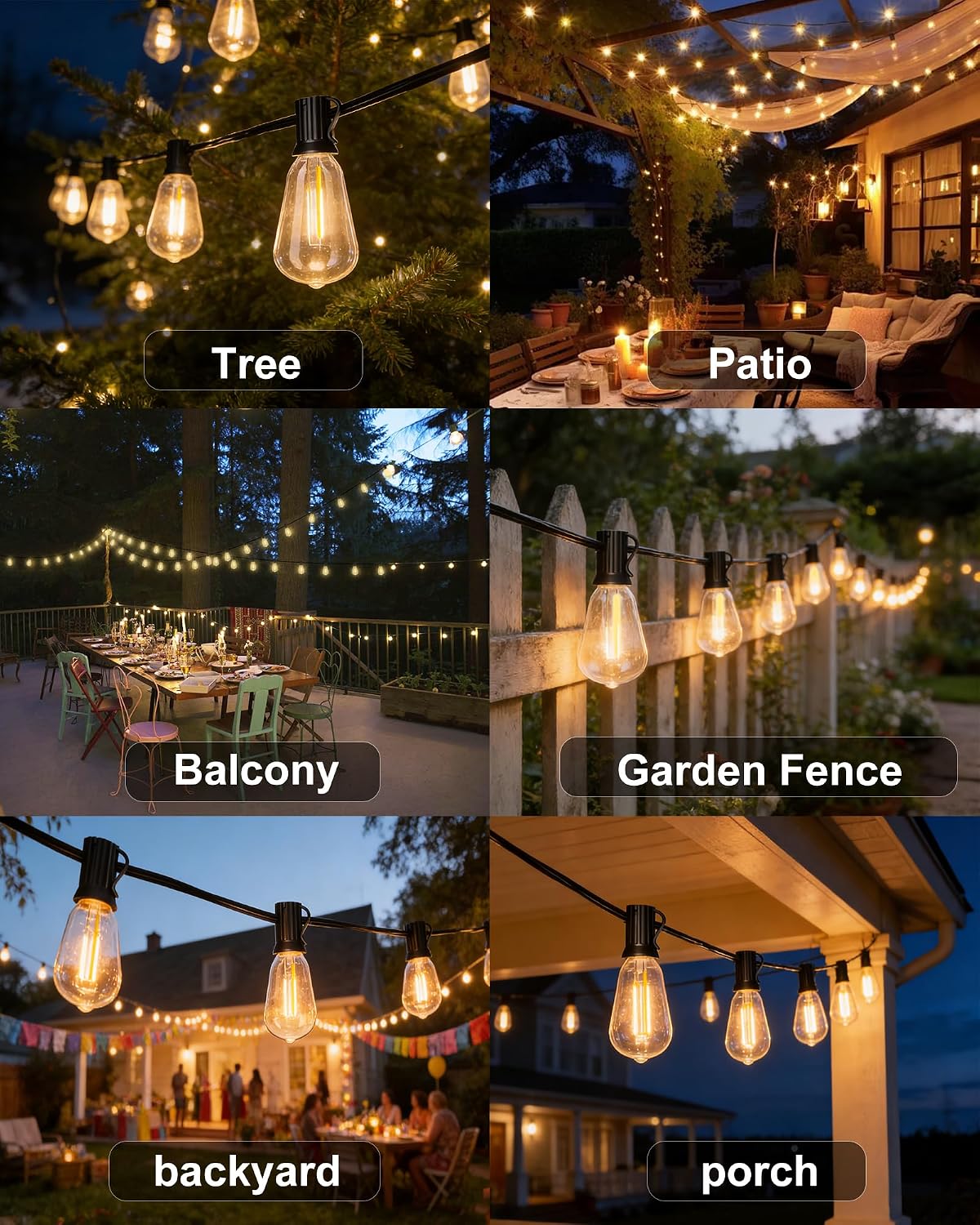 Outdoor String Lights 54FT Connectable ST38 Patio Lights Outdoor Waterproof | 15 Shatterproof Edison Bulbs Dimmable Plug-in, 2700K Warm White Hanging Light for Balcony Backyard Garden Porch Party Decor