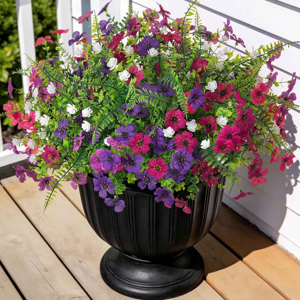Ammyoo Artificial Flowers for Outdoors Spring Decoration, 12 Bundles Fake Flower Daisy with Realistic Eucalyptus Leaves, Faux Plants for Greenery Boxwood Porch Patio Garden Pot Lawn