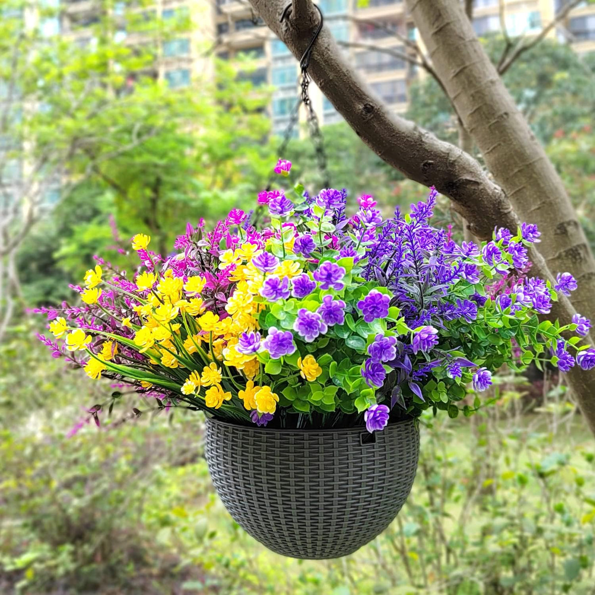 Grunyia 20 Bundles Artificial Flowers Outdoor UV Resistant No Fade Fake Plants Faux Plastic Shrubs for Garden Patio Porch Window Box Home Wedding Farmhouse Hanging Décor