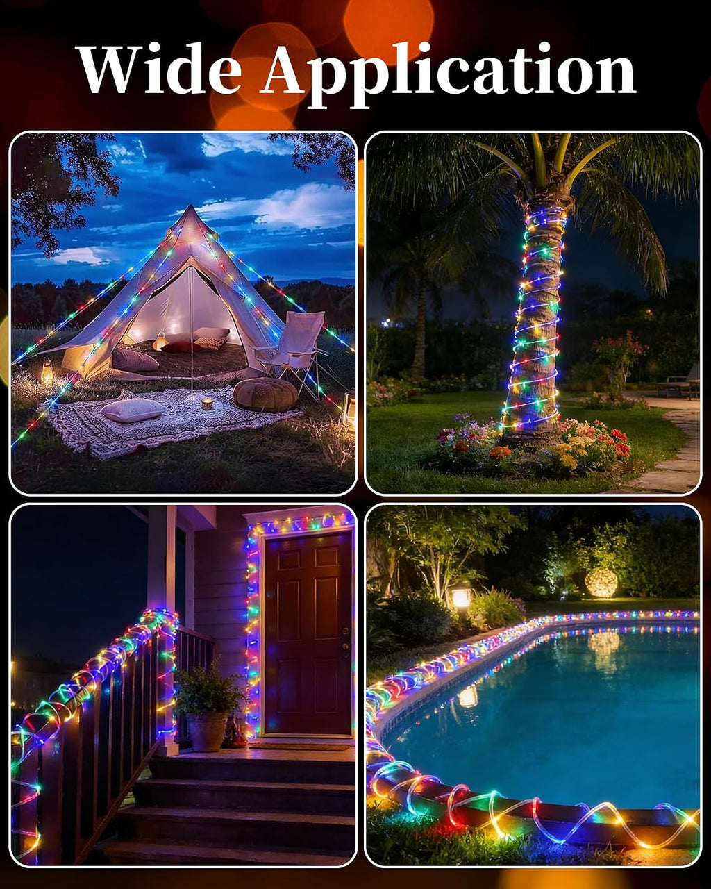 Solar Rope Lights Outdoor, 2 Packs Total 144FT 400LED Solar String Lights with 8 Lighting Modes, Waterproof Solar Powered Fairy Lights for Party Garden Yard Home Holiday Tree Decoration, Multicolor