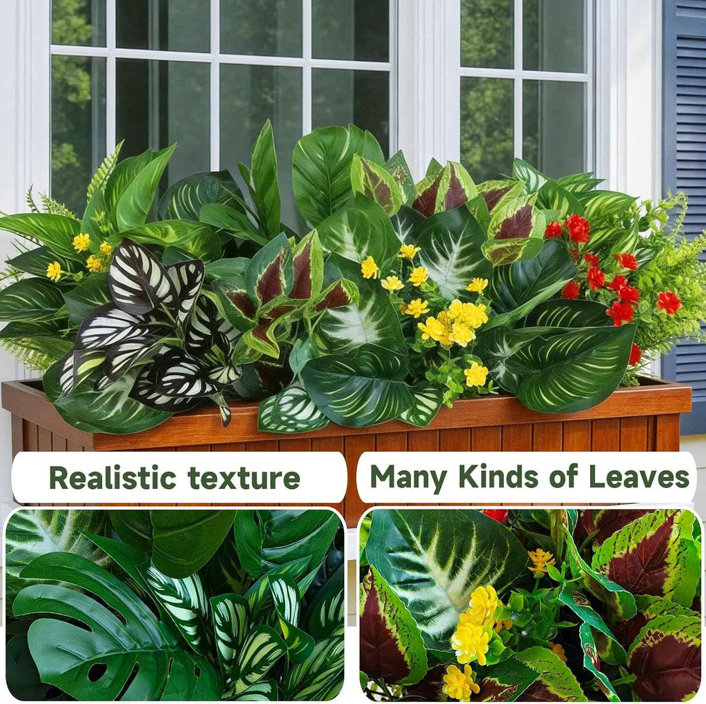 25 Bundles Outdoor Artificial Plants and Flowers Greenery Stems UV Resistant Fake Stems Plastic Leaves for Front Porch Home Decor Garden Porch Planter Window Box