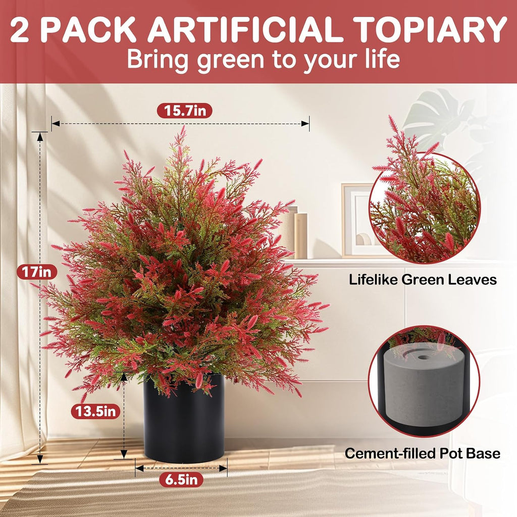2 Set Artificial Potted Topiary Trees Cedar - UV Resistant Faux Outdoor Potted Plants, Spring Summer Greenery Fake Bushes for Front Door Farmhouse Garden Porch Outdoor Decor