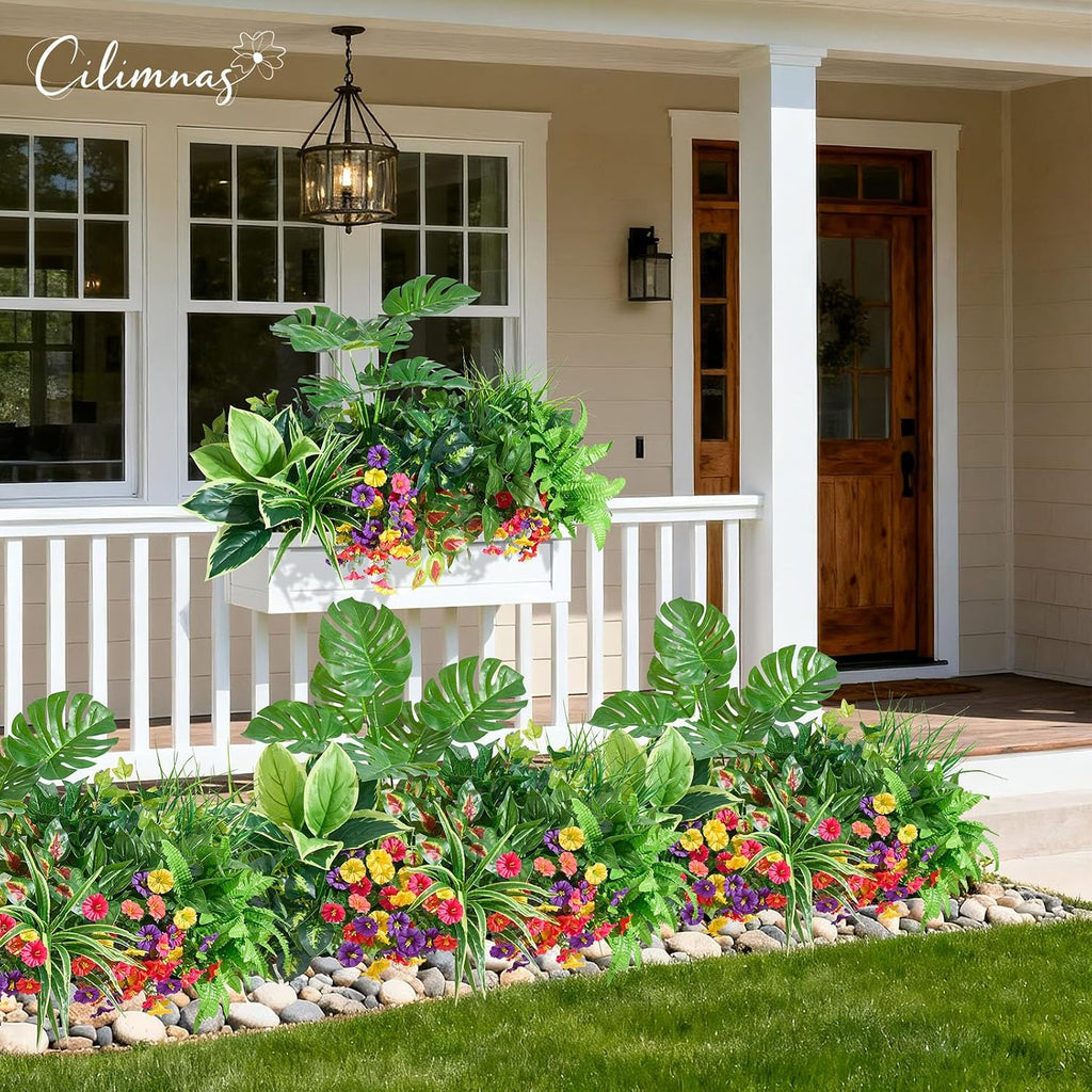 Artificial Plants Outdoor 18PCS UV Resistant Greenery&Flowers | Highly Realistic Faux Plant Outside with Stems for Front Proch Garden Patio Planters Window Boxes Home Decor