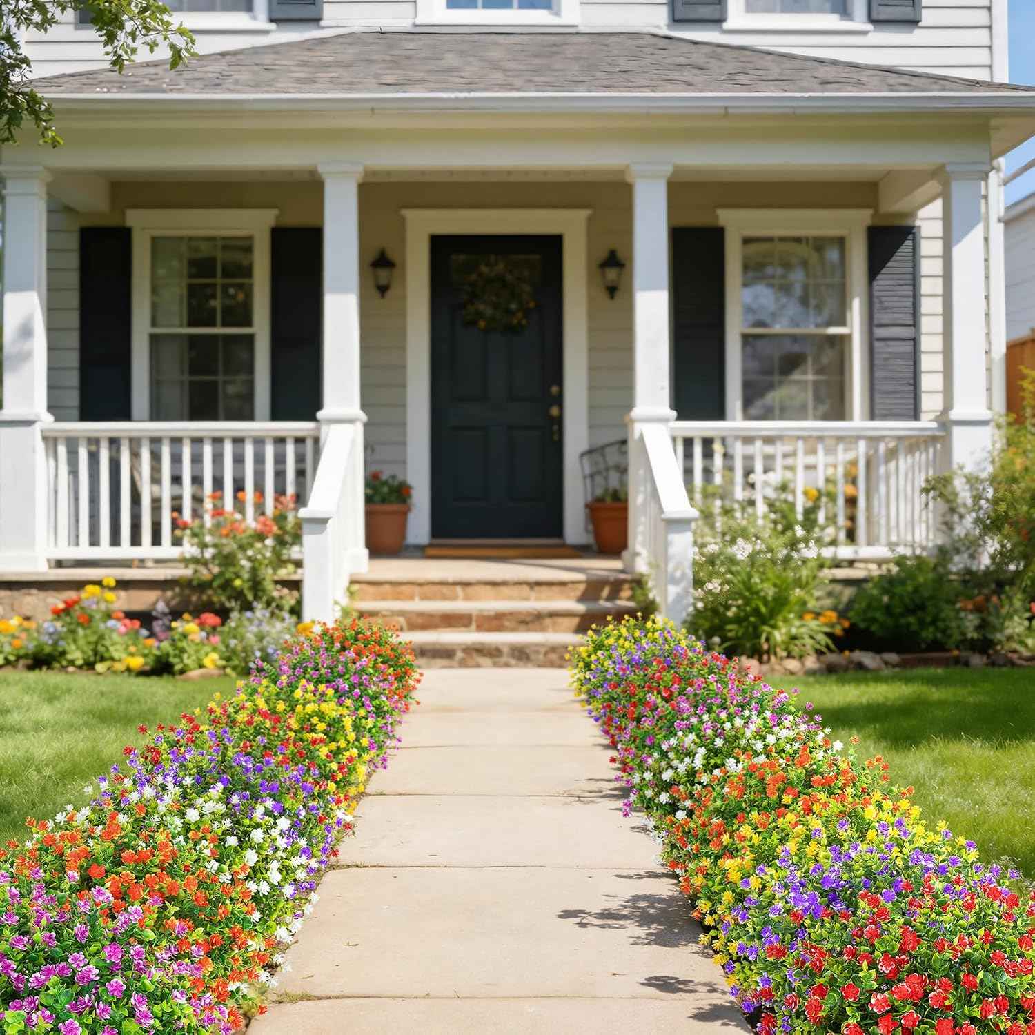 24 Bundles Artificial Flowers for Outdoors, Mixed Color | Faux plastic flowers, UV resistant, fake greenery shrubs plants, spring summer porch window garden planter home decor