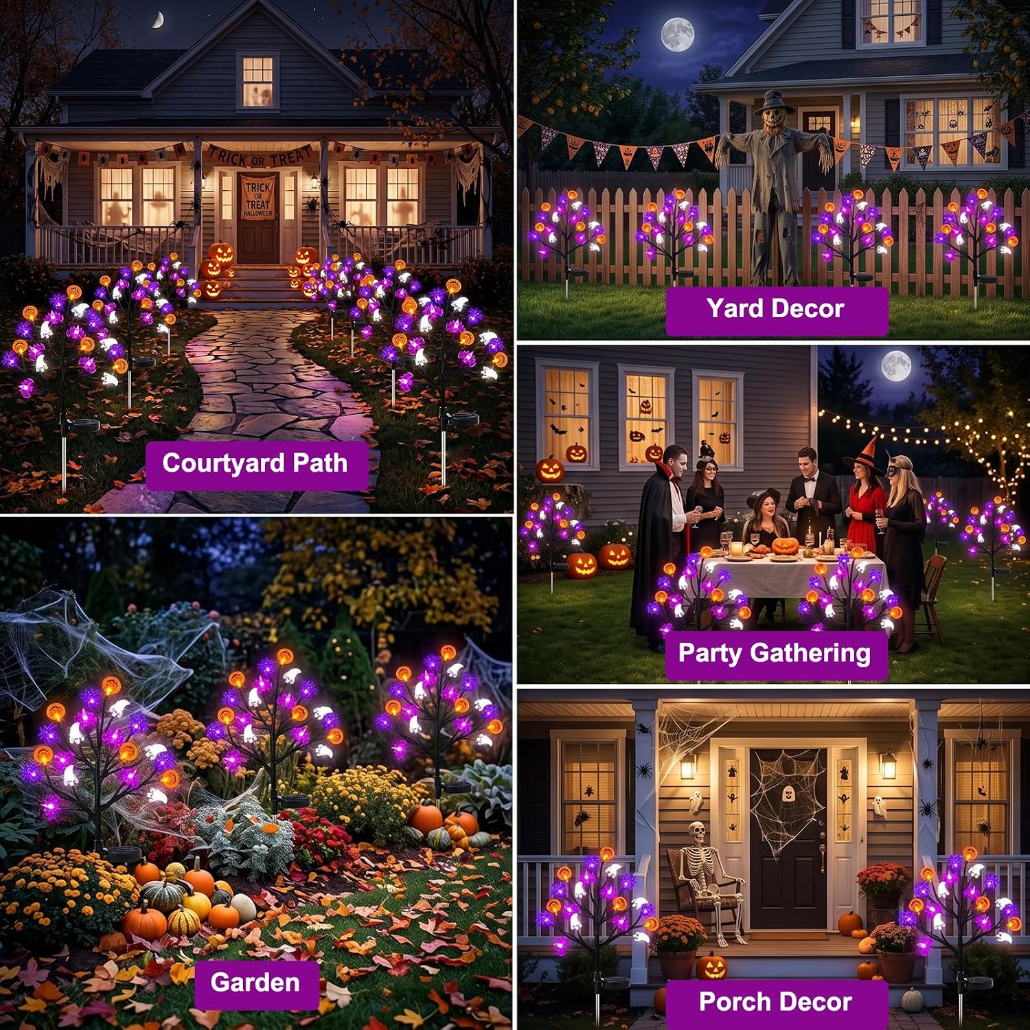 2-Pack Halloween Decorative Outdoor Solar Lights, 20 LED Bulbs Waterproof Garden Lights, 3D Pumpkin Bat Spider Maple Lights with 8 Lighting Modes, Solar Stake Lights for Halloween's Decor (Purple)