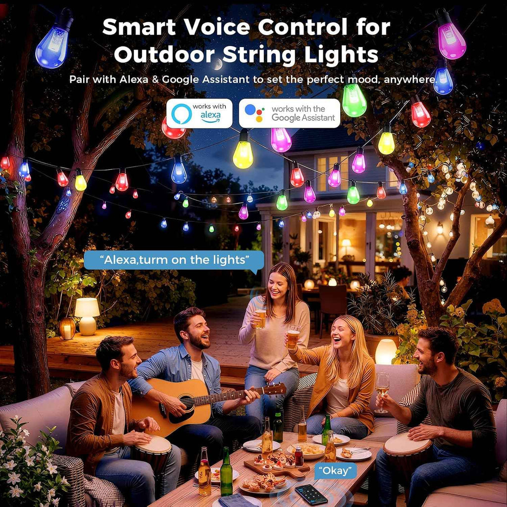 CDN Outdoor String Lights, 80FT Smart RGBW Patio Lights for Backyard | IP65 Waterproof, App, Alexa & Google Control, 111 Modes, Music Sync and Dimmable Warm White for Date Nights BBQs and Parties