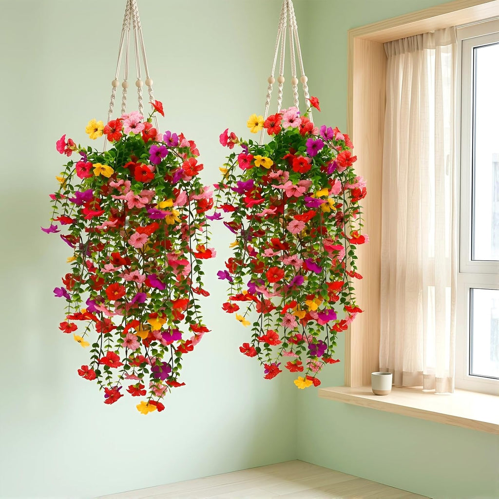 Artificial Flowers Hanging Plants 4 Pack Faux Vines Pothos Fern | UV Resistant Fake Plants for Indoor Outdoor Wall Decor Home Wedding Living Room Decorations Pink Purple Red Yellow
