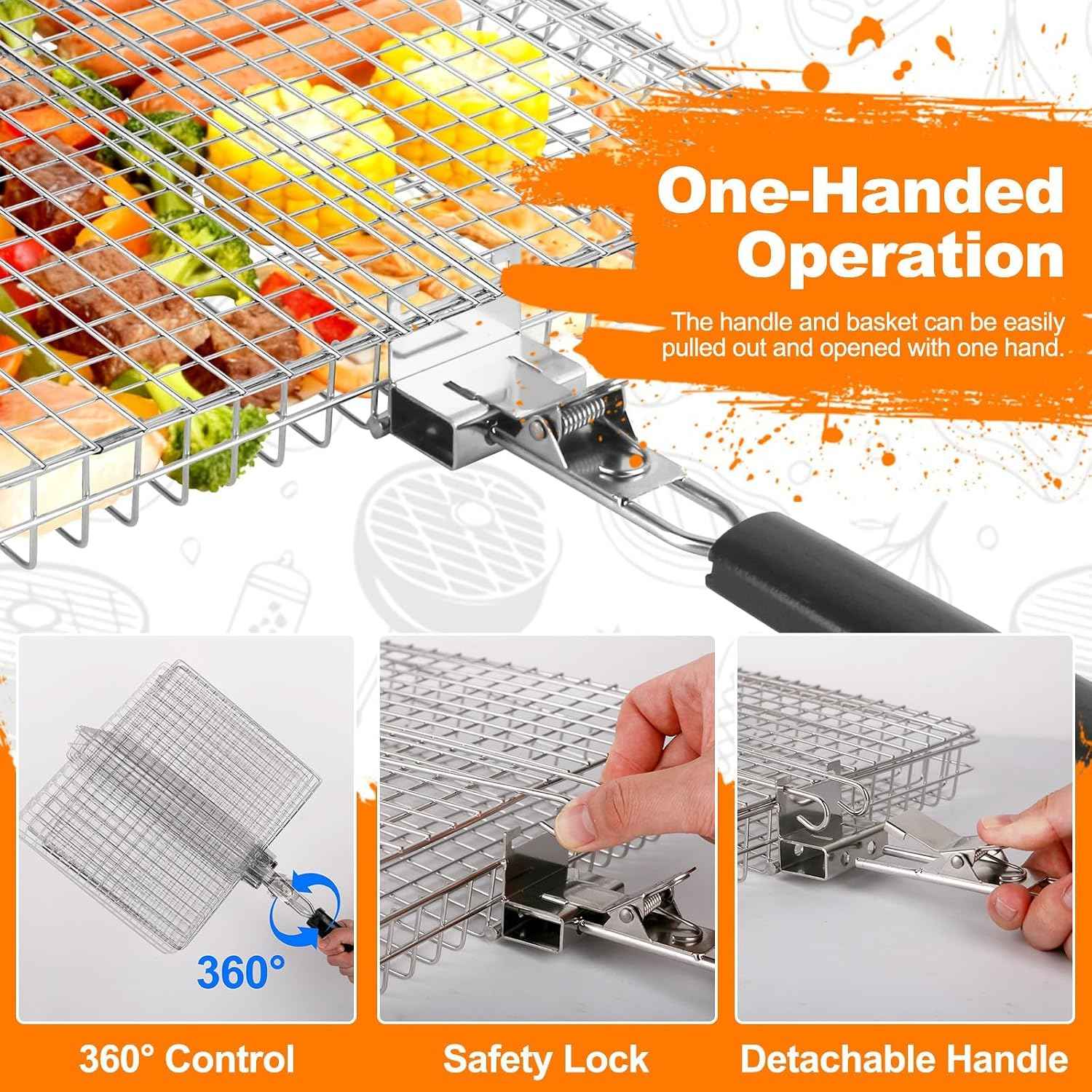 Fish Grill Basket for Outdoor Grill, Grilling Basket With Removable Handle, Portable BBQ Set Barbecue Rack for Shrimp Pork Veggies, Camping Grilling Accessories With Brush, Metal Skewers and Carry Bag