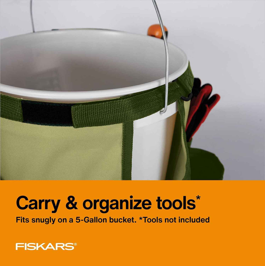 Fiskars 5 Gallon Garden Tool Bucket Caddy, Bucket & Tools Not Included | Canvas Caddy Fits Snug on a 5 Gallon Bucket to Carry All Your Gardening Essentials and Free Up Bucket Space for Yard Waste